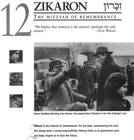 Chapter 12: Zikaron--The 
Mitzvah of Remembrance... We believe that memory is the 
answer--perhaps the only answer.--Elie Wiesel.... Zikaron 
is the mitzvah of remembrance. For the Jews, remembering 
the past has always been a sacred responsibility. Memory 
links us to generations past and helps inspire us to face 
the future.